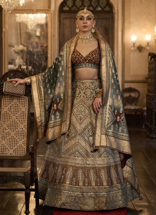 Dusty Beige Rajwadi Silk Embellished Lehenga Choli