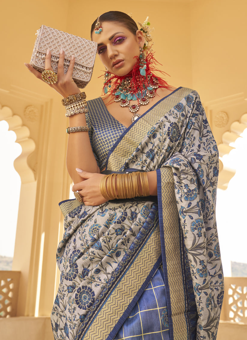 Slate Blue and Grey Silk Saree for Festival