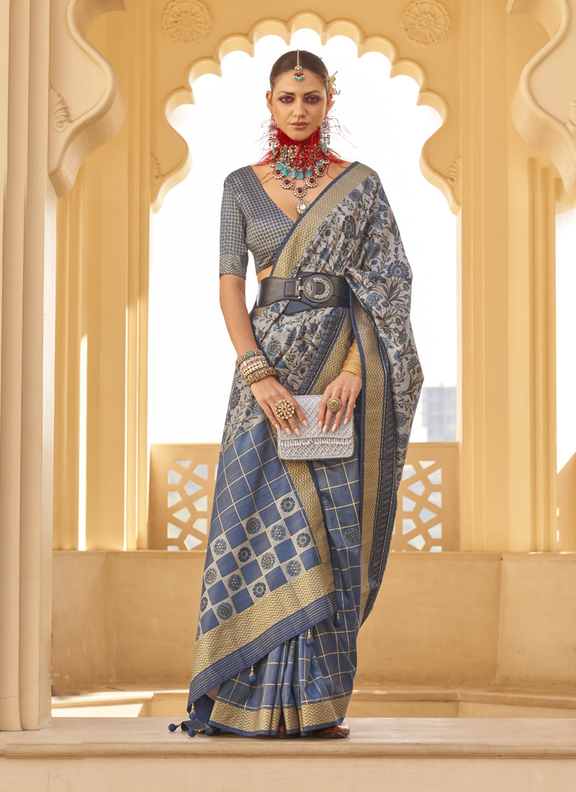 Slate Blue and Grey Silk Saree for Festival