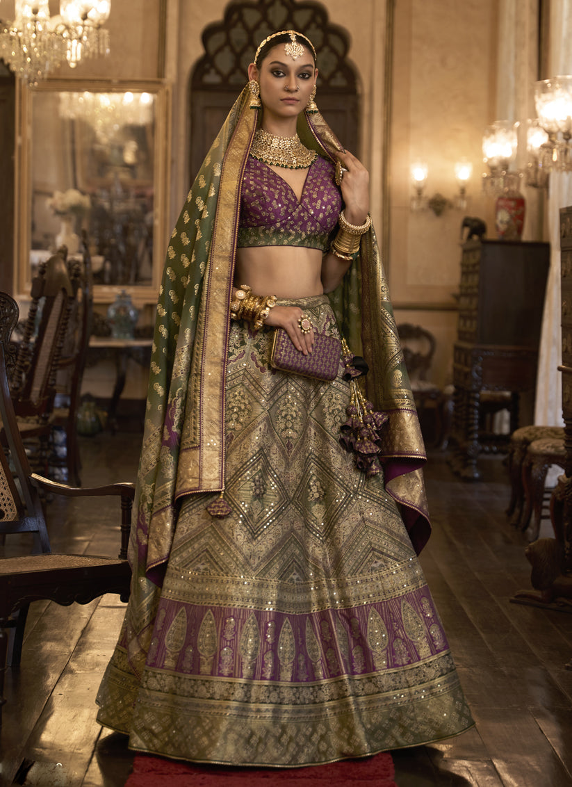 Dusty Beige Rajwadi Silk Embellished Lehenga Choli