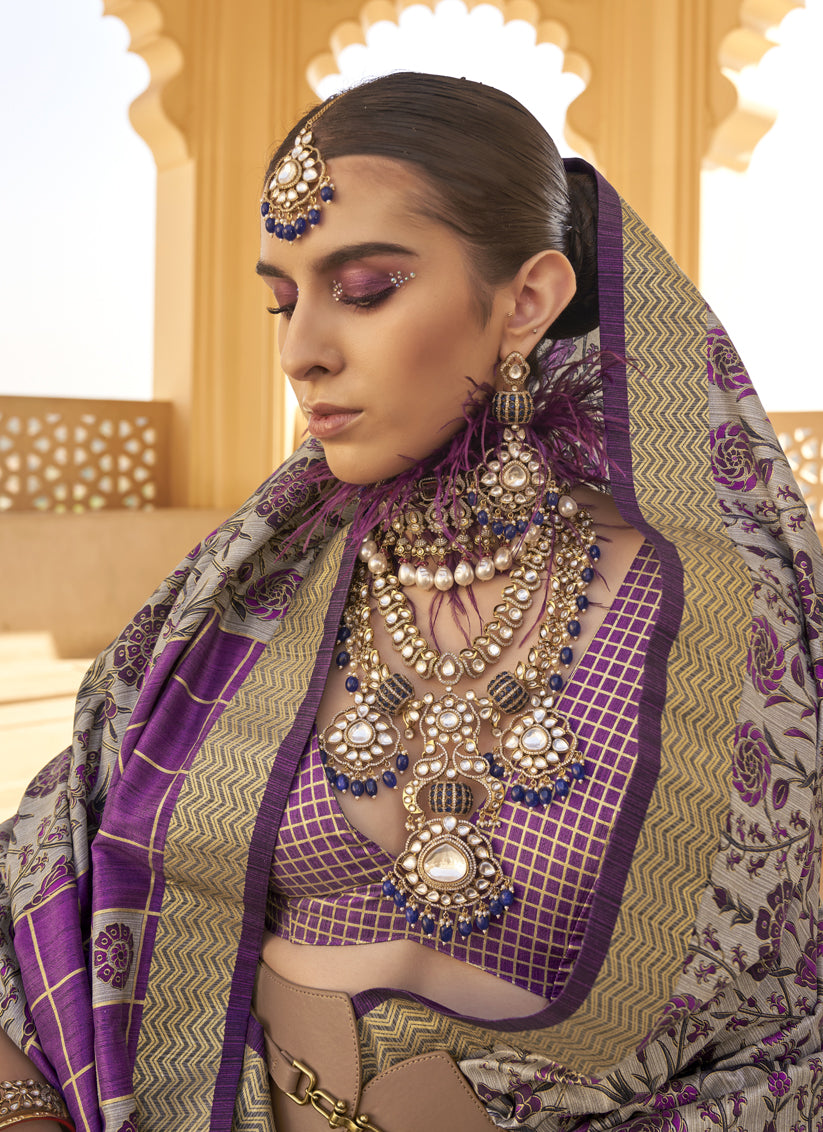 Magenta and Dusty Grey Silk Saree for Festival