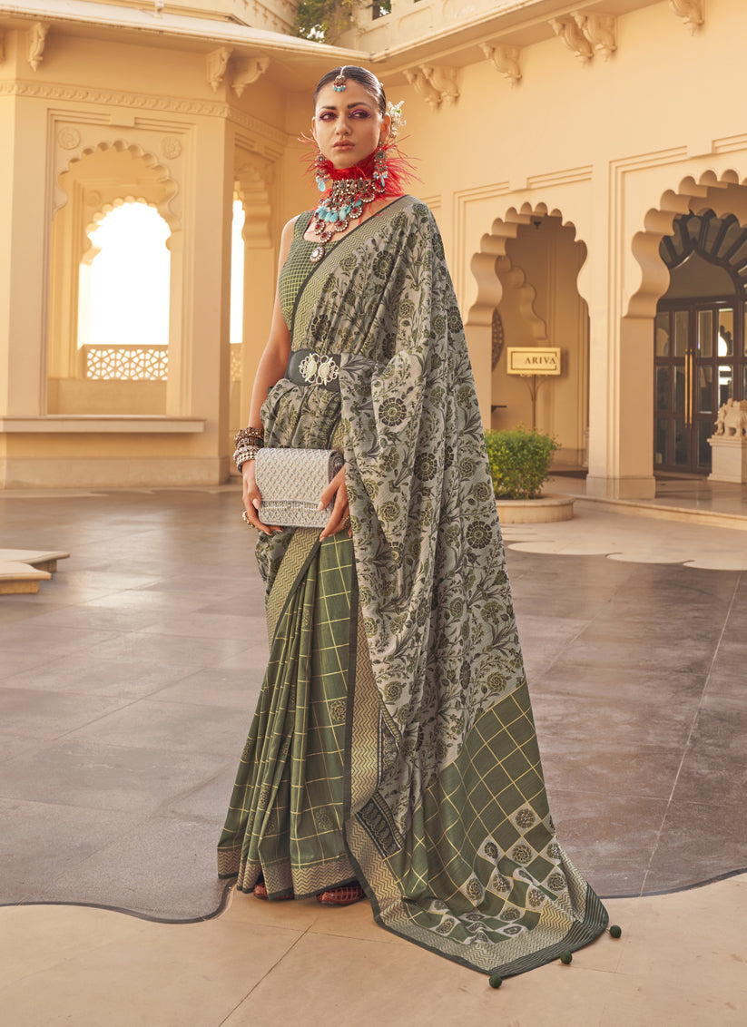 Moss Green and Dusty Grey Silk Saree for Festival