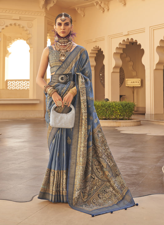 Slate Blue Silk Saree for Festival