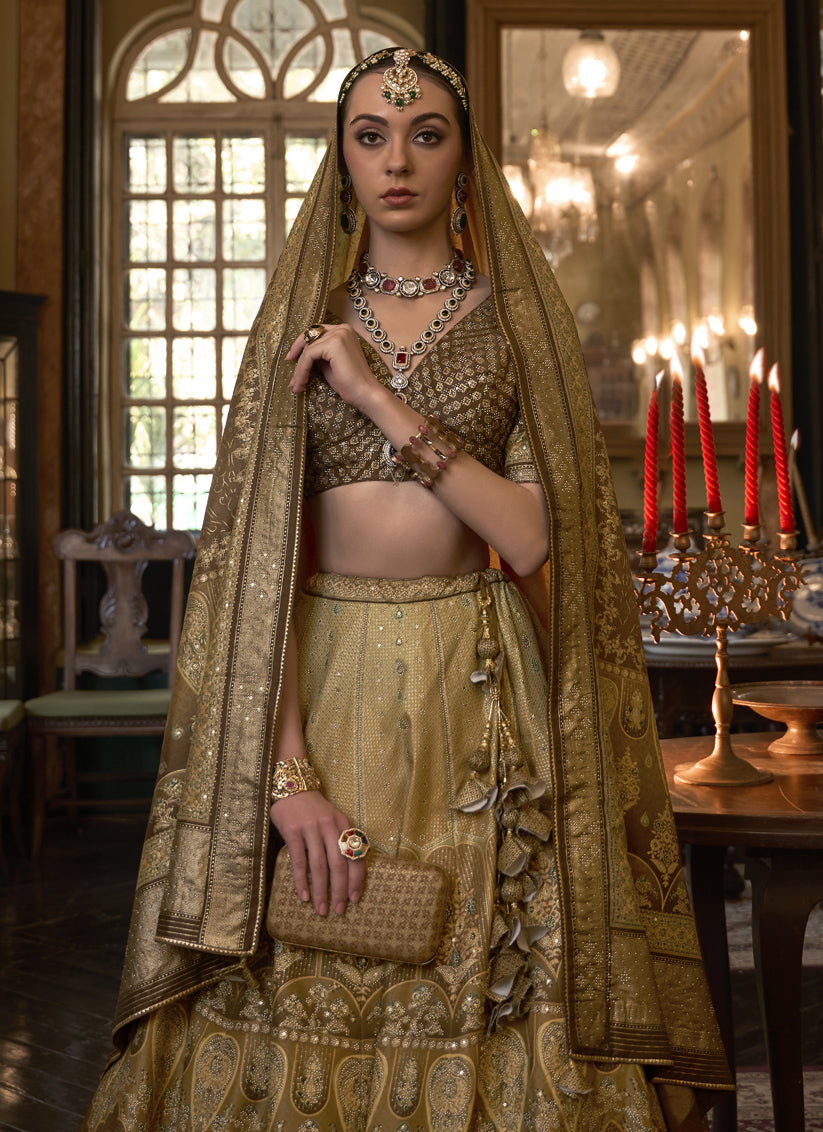 Dusty Gold Rajwadi Silk Embellished Lehenga Choli