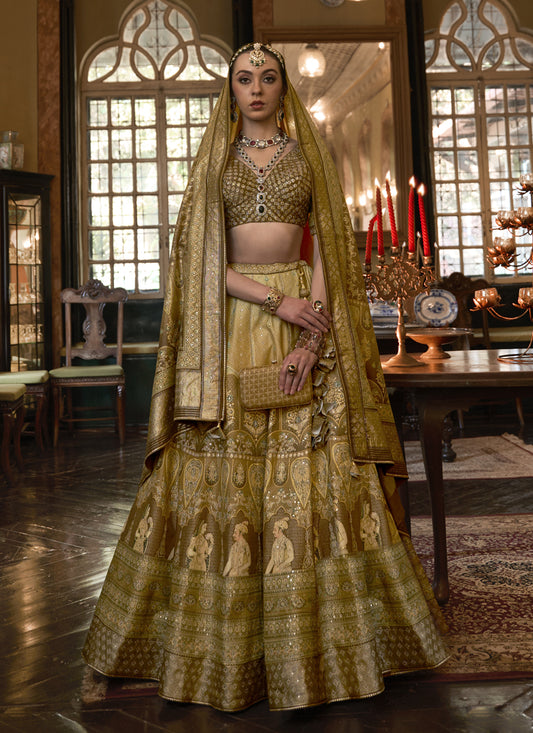 Dusty Gold Rajwadi Silk Embellished Lehenga Choli