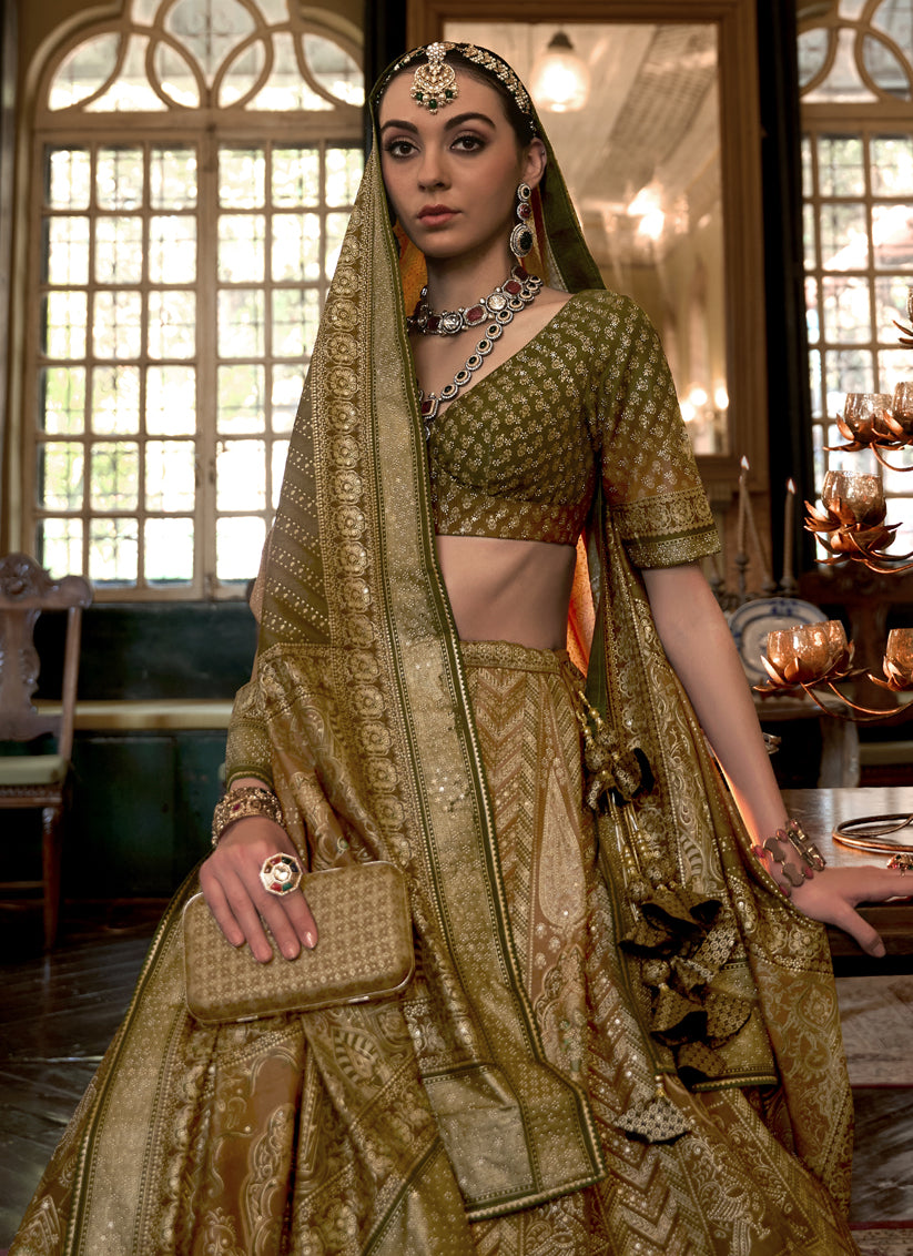 Mehendi Green Rajwadi Silk Embellished Lehenga Choli