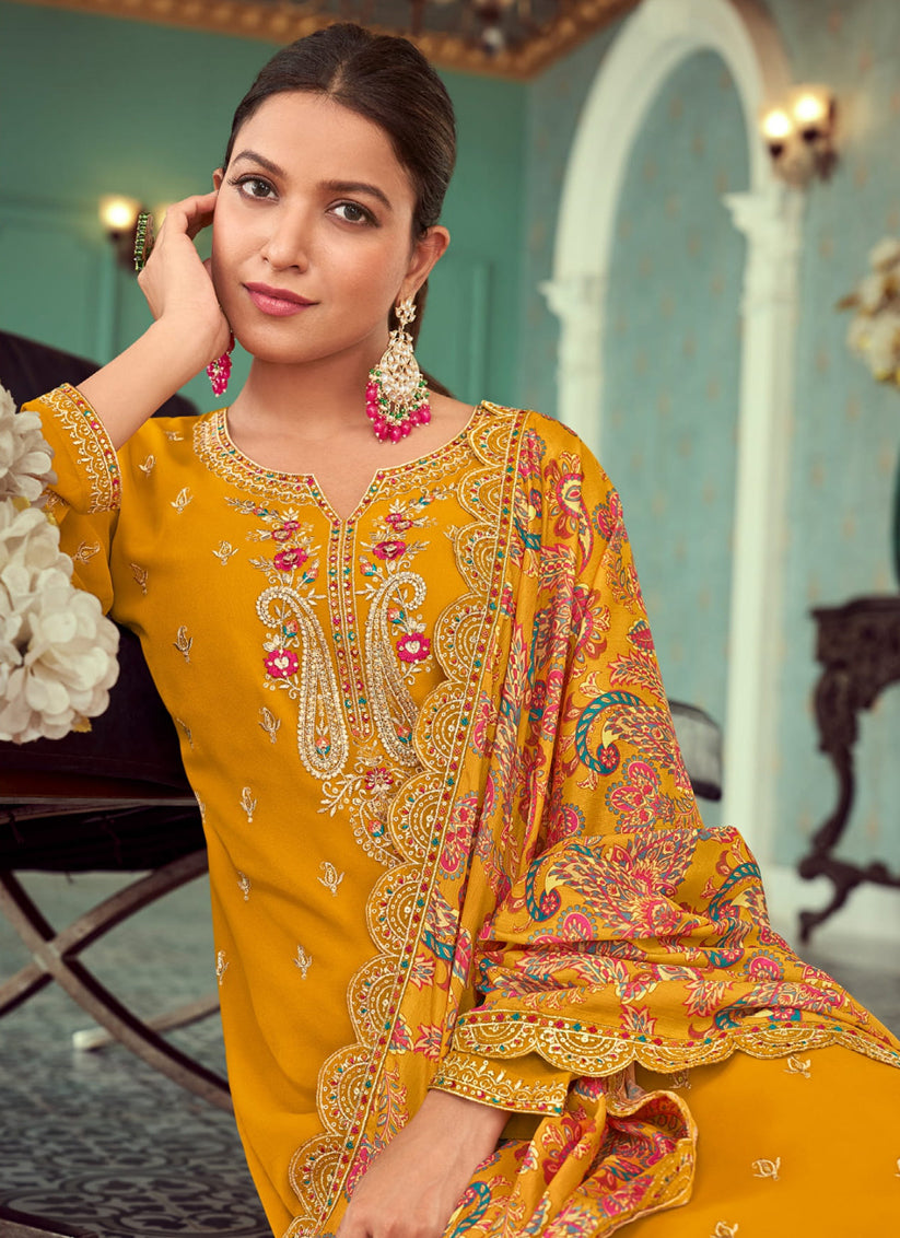 Turmeric Georgette Embroidered Pant Kameez For Festival