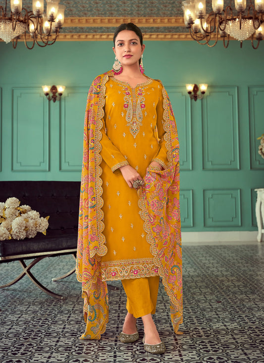 Turmeric Georgette Embroidered Pant Kameez For Festival