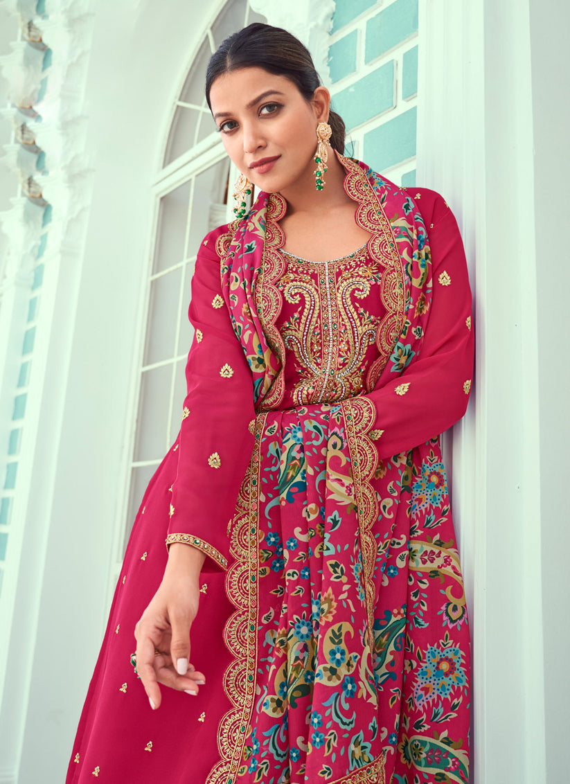 Rani Pink Georgette Embroidered Trouser Kameez For Festival