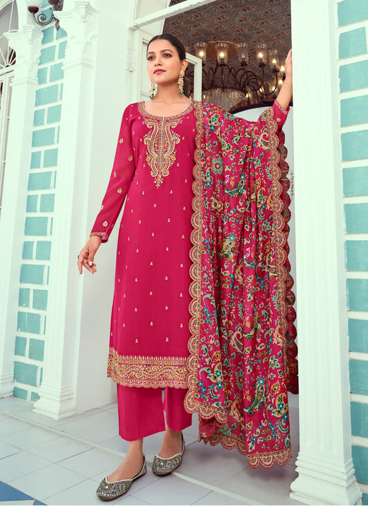 Rani Pink Georgette Embroidered Trouser Kameez For Festival