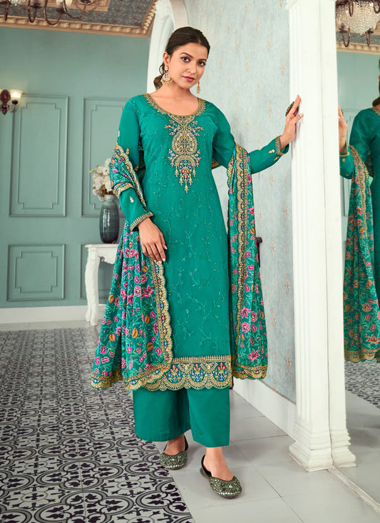 Rama Green Georgette Embroidered Trouser Kameez For Festival