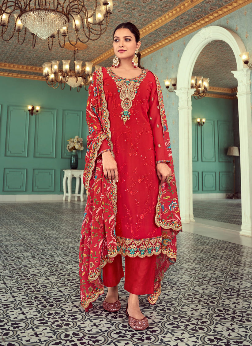 Hot Red Georgette Embroidered Trouser Kameez For Festival