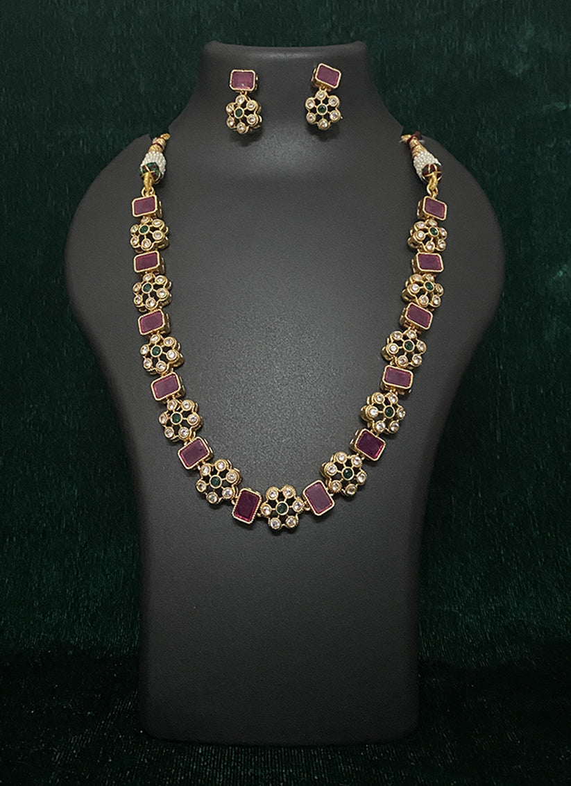 Studded Ruby Stone and AD Diamond Necklace Set