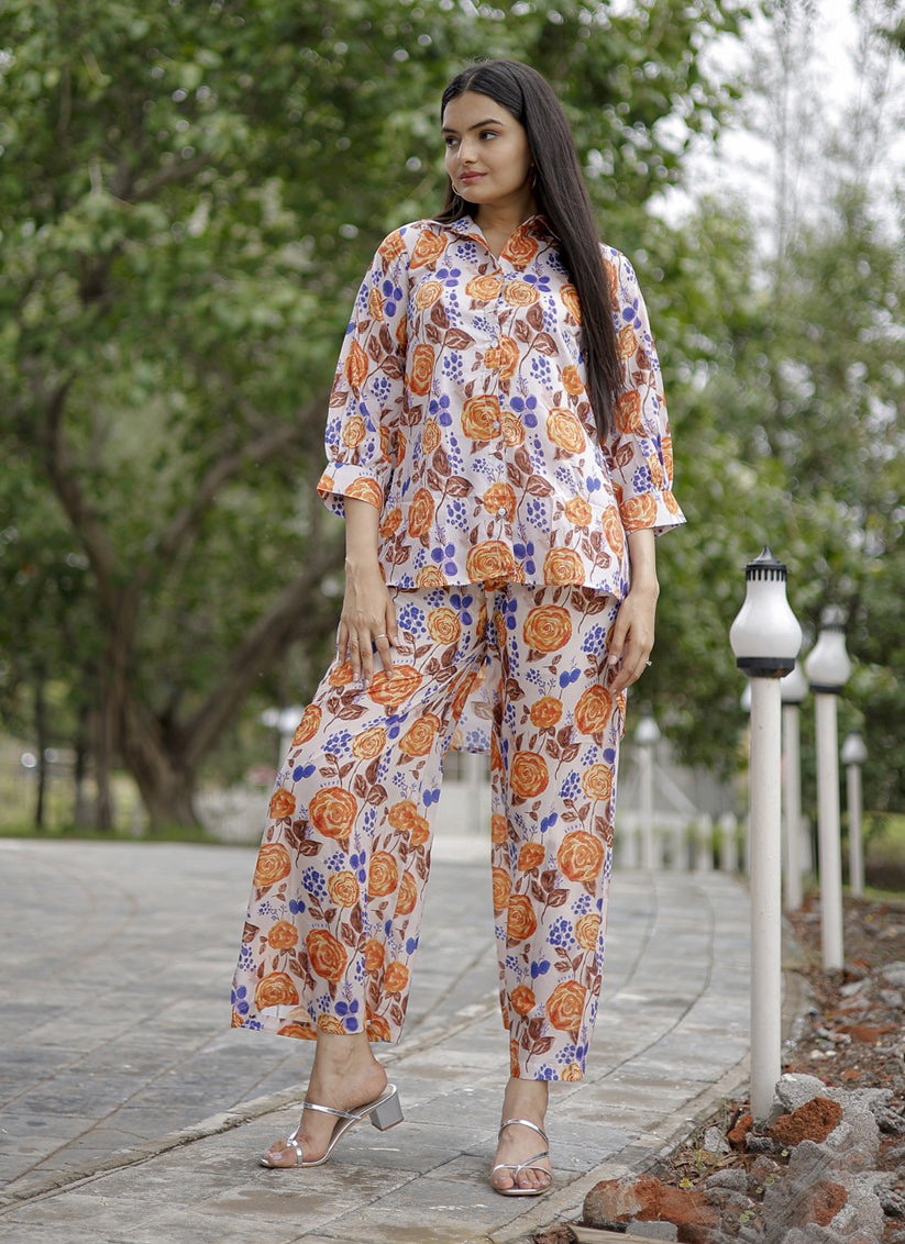 Off White Pure Muslin Floral Digital Print Co-Ord Set