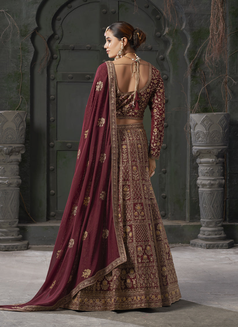 Maroon Georgette Embroidered Bridal Lehenga Choli