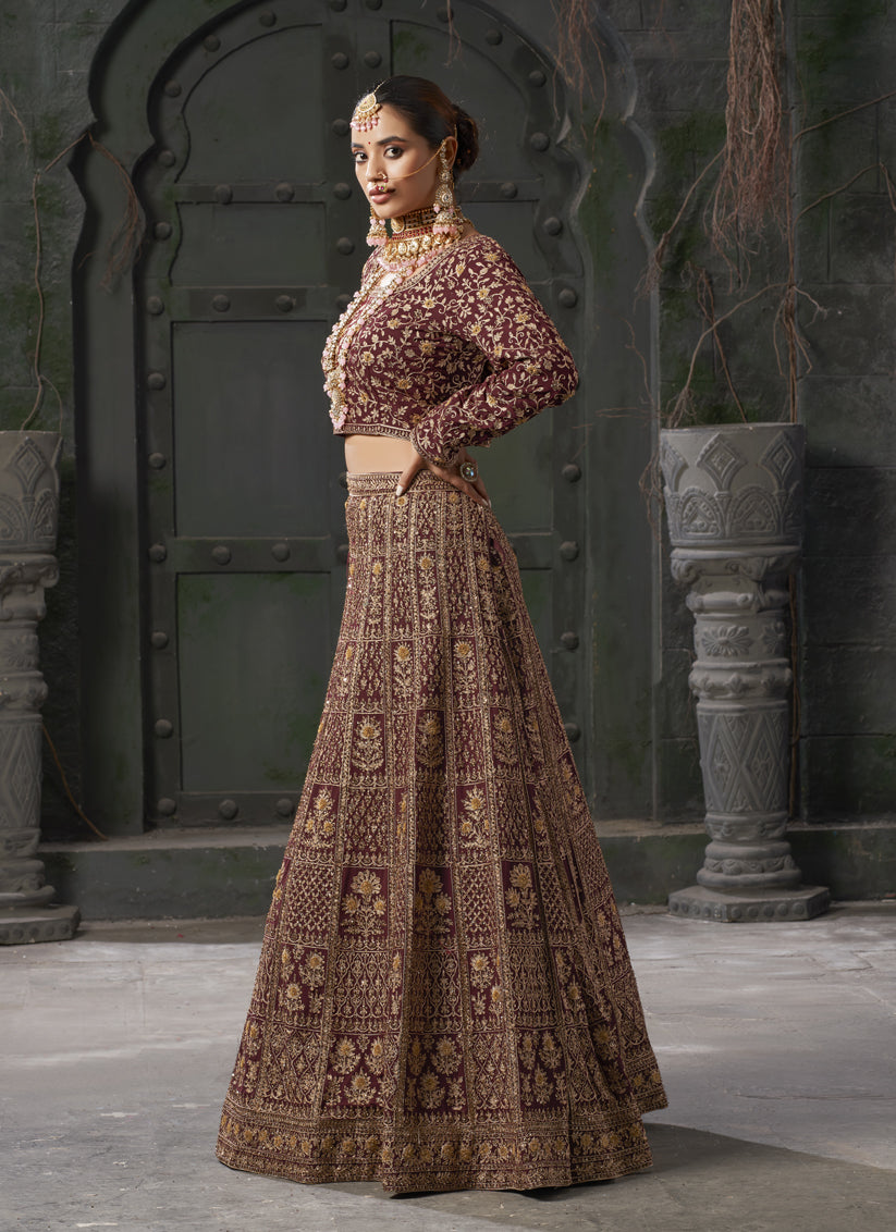 Maroon Georgette Embroidered Bridal Lehenga Choli