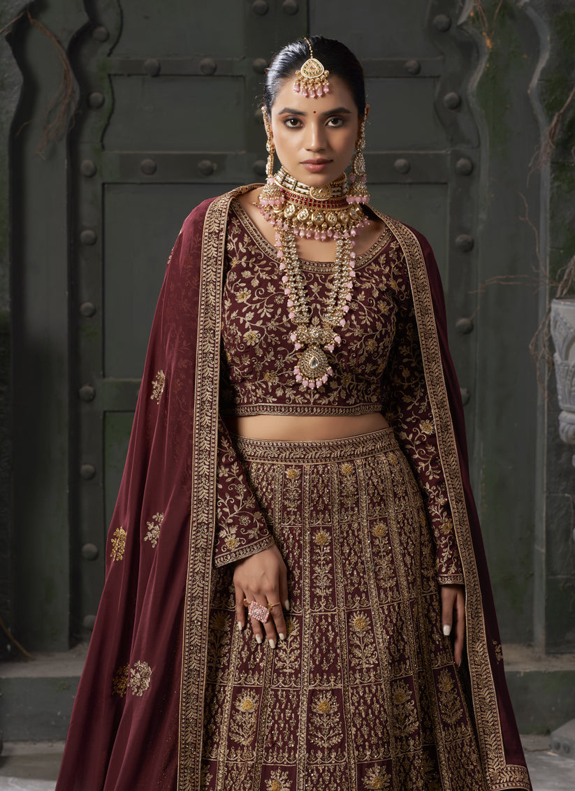 Maroon Georgette Embroidered Bridal Lehenga Choli