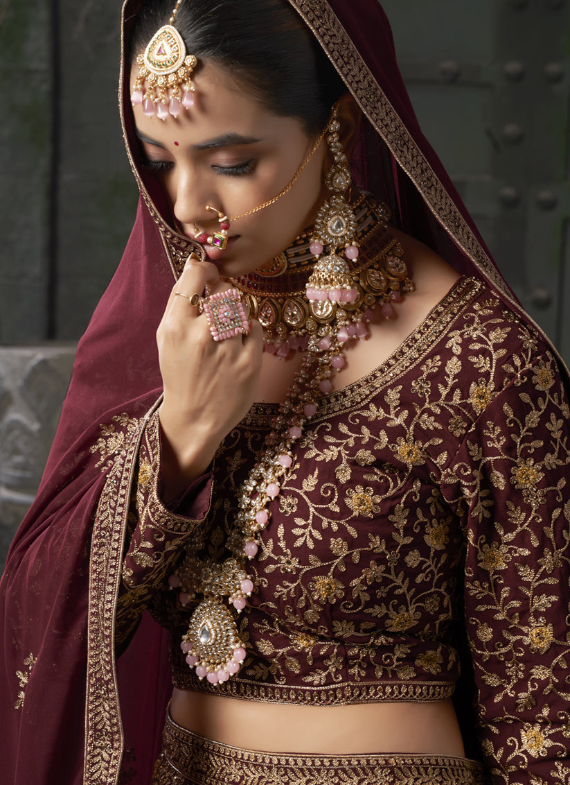 Maroon Georgette Embroidered Bridal Lehenga Choli