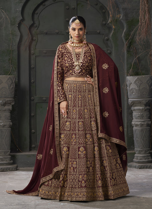 Maroon Georgette Embroidered Bridal Lehenga Choli