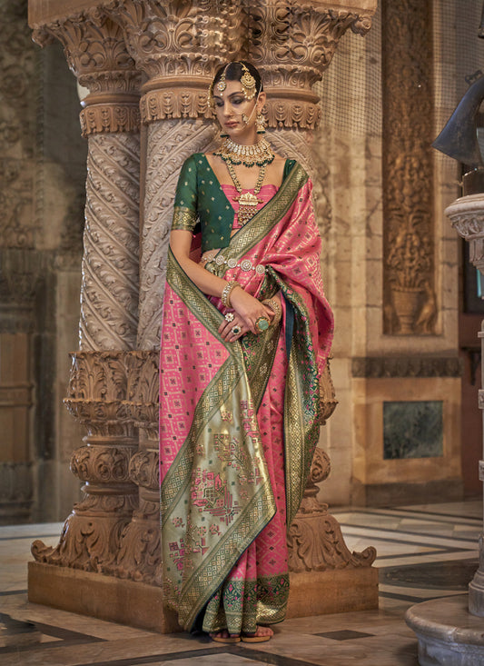 Cherry Pink Jacquard Woven Silk Saree