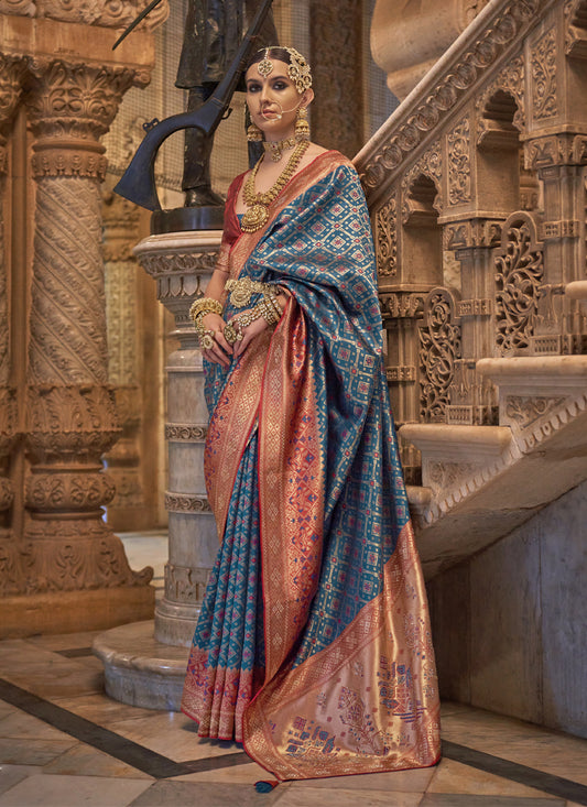 Peacock Blue Jacquard Woven Silk Saree