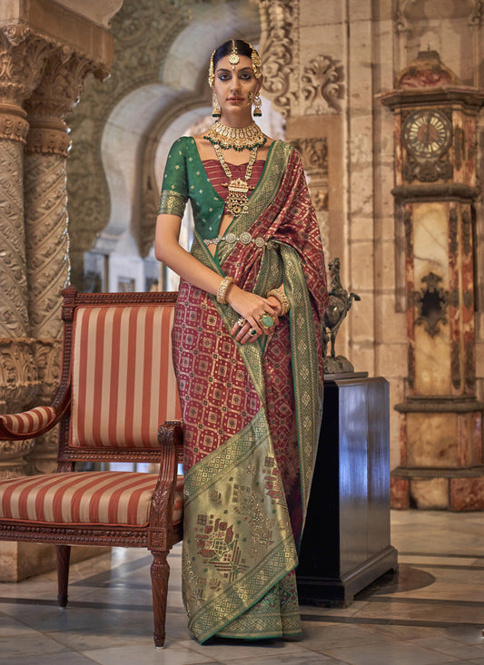 Maroon Jacquard Woven Silk Saree