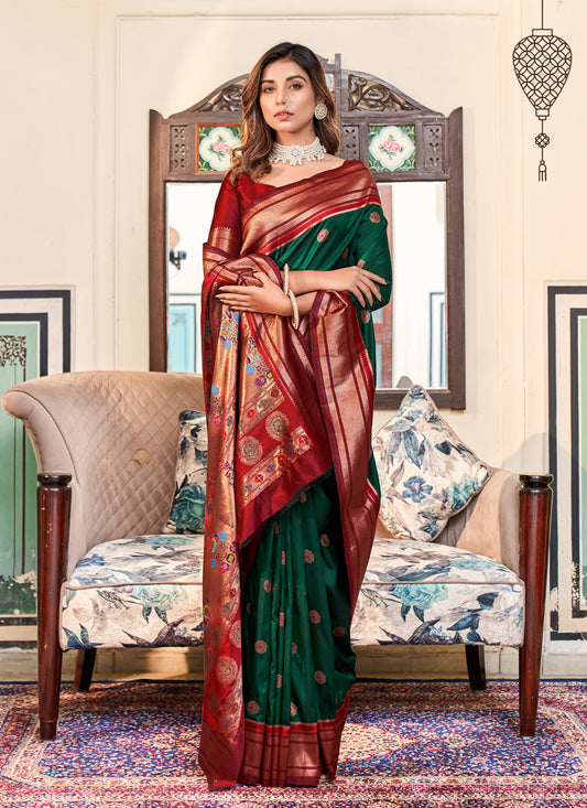 Bottle Green Paithani Silk Zari Woven Saree