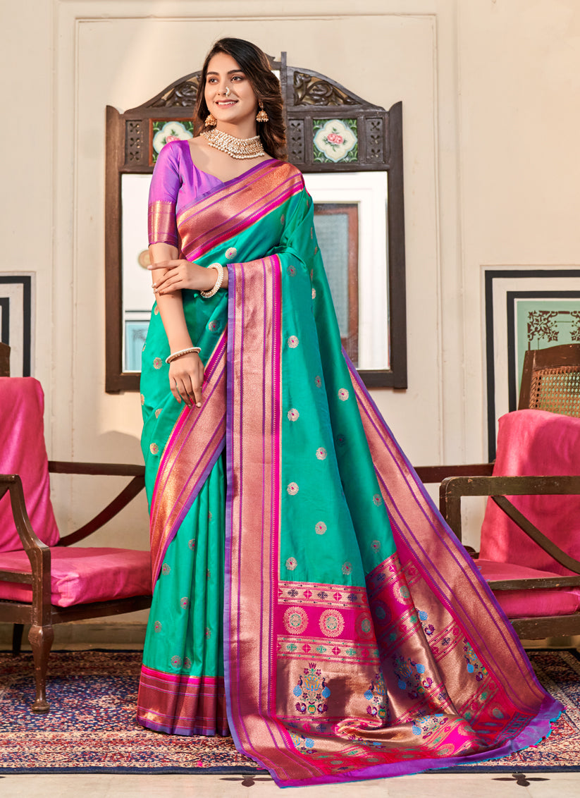 Sea Green Paithani Silk Zari Woven Saree