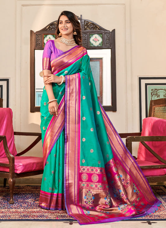 Sea Green Paithani Silk Zari Woven Saree