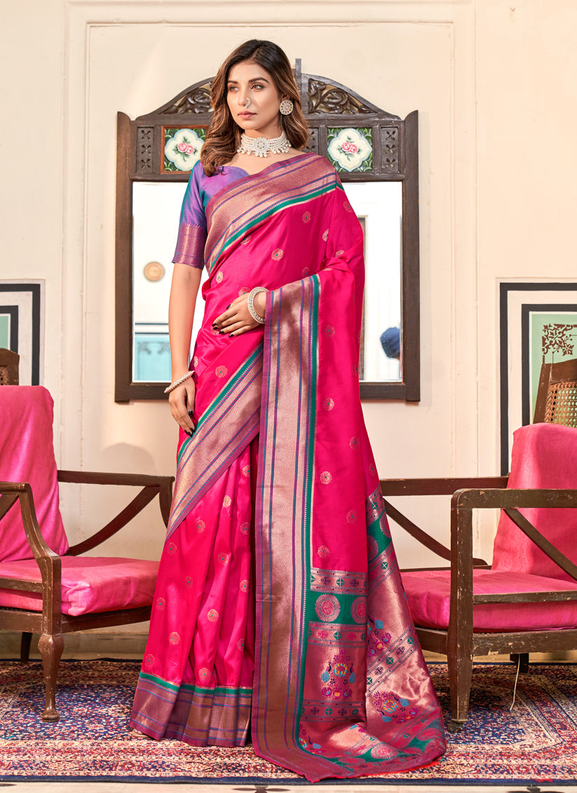 Rani Pink Paithani Silk Zari Woven Saree