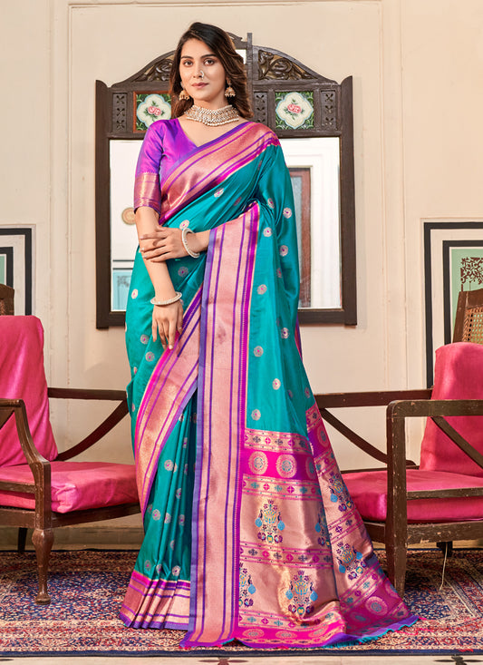 Turquoise Paithani Silk Zari Woven Saree