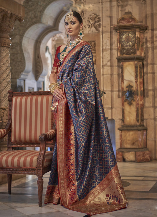 Navy Blue Jacquard Woven Silk Saree