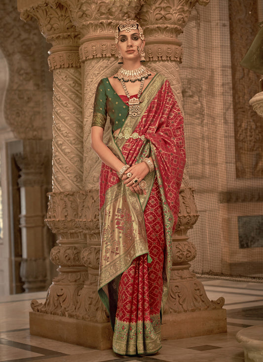 Hot Red Jacquard Woven Silk Saree