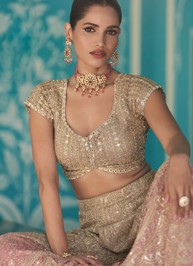 Golden Beige Floral Embroidered U-Neck Sequined Designer Crop Top, Sharara Set & Dupatta