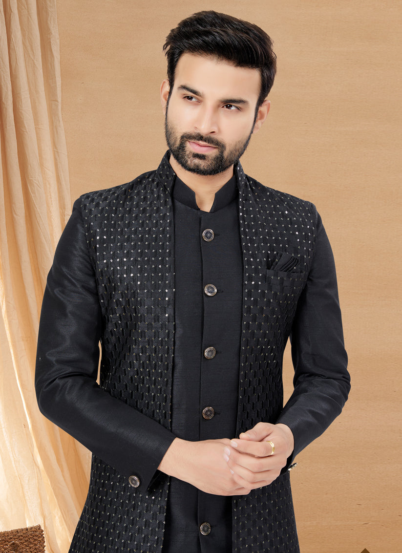 Black Art Silk Jacket Style Designer Indo Western