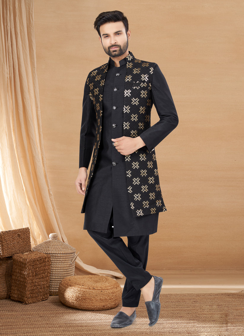 Black Art Silk Jacket Style Designer Indo Western