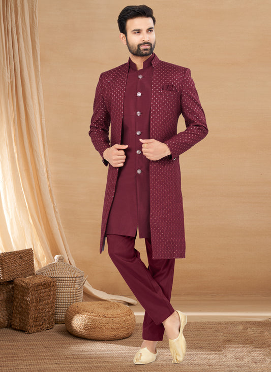 Maroon Art Silk Jacket Style Designer Indo Western
