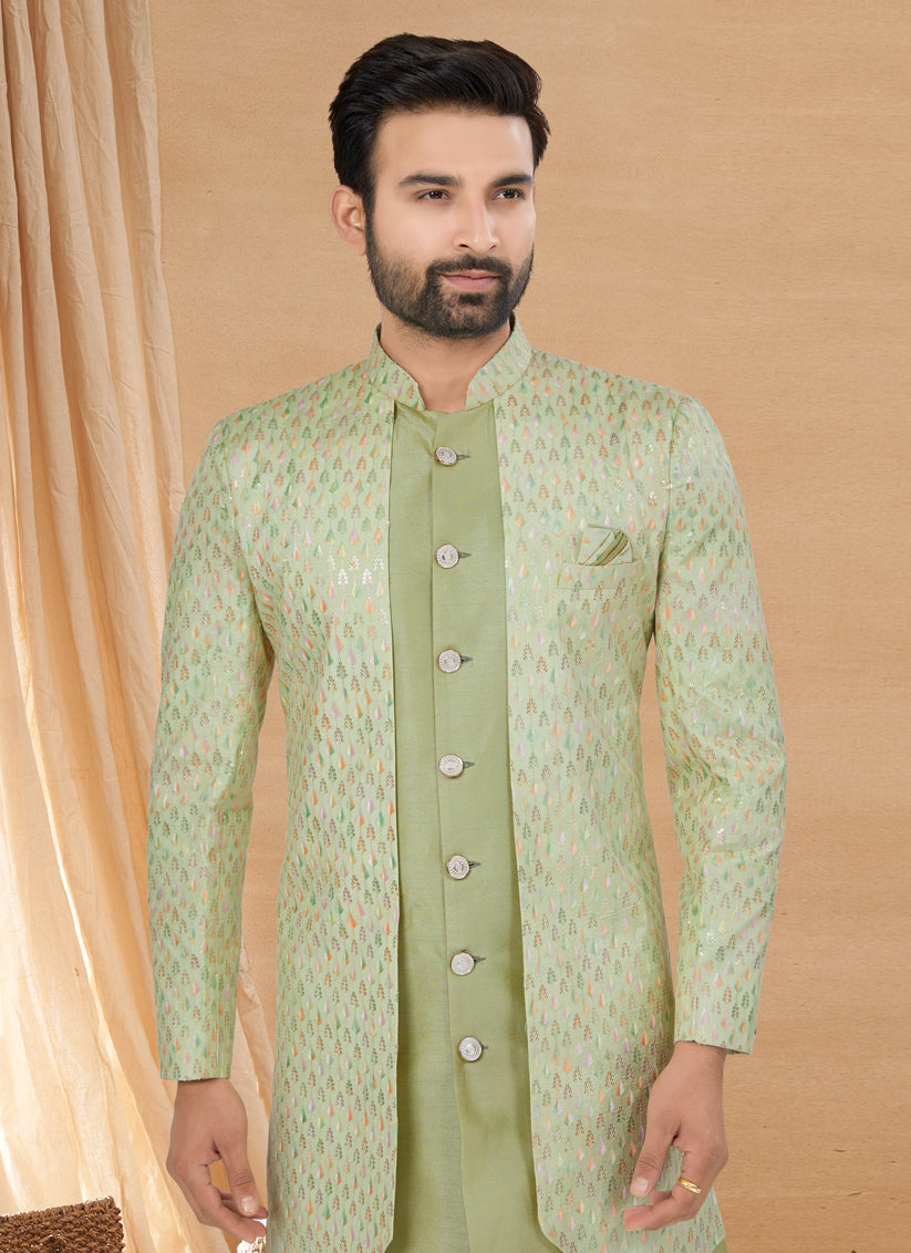 Pista Green Art Silk Jacket Style Designer Indo Western