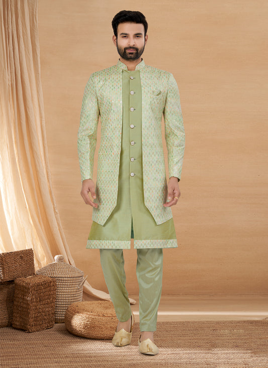 Pista Green Art Silk Jacket Style Designer Indo Western