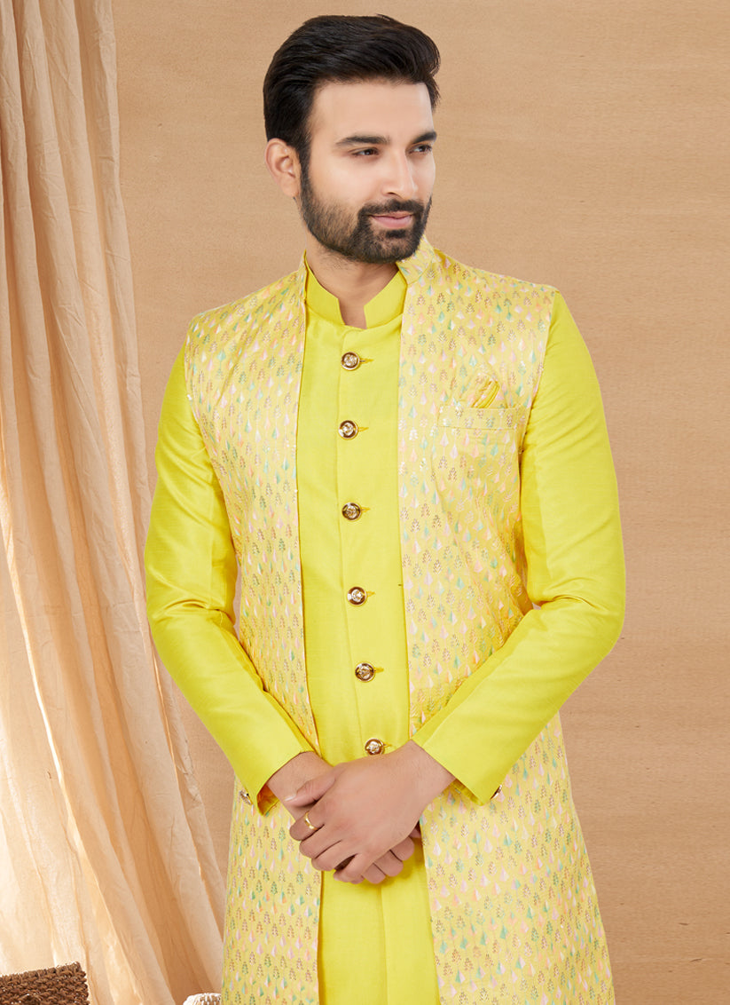 Yellow Art Silk Jacket Style Designer Indo Western