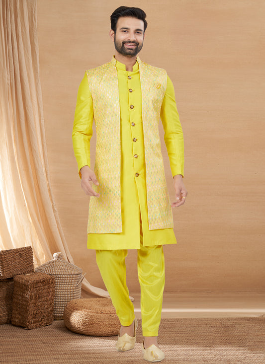 Yellow Art Silk Jacket Style Designer Indo Western
