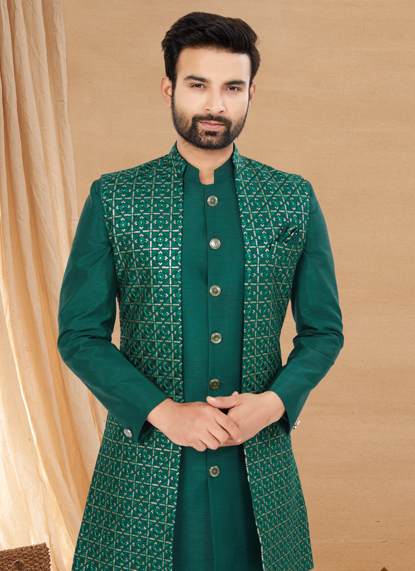 Green Art Silk Jacket Style Designer Indo Western