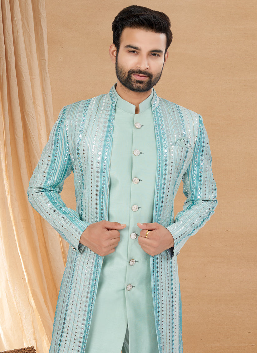 Sky Blue Art Silk Jacket Style Designer Indo Western