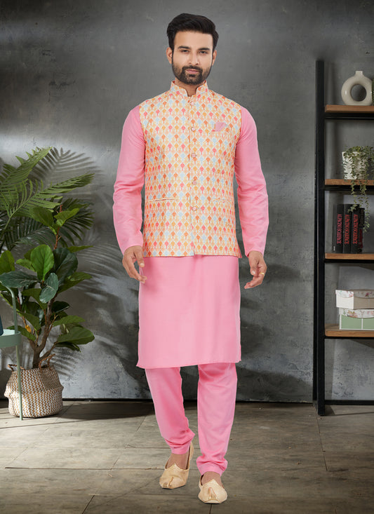 Pink Cotton Mens Kurta Pajama Set With Jacket