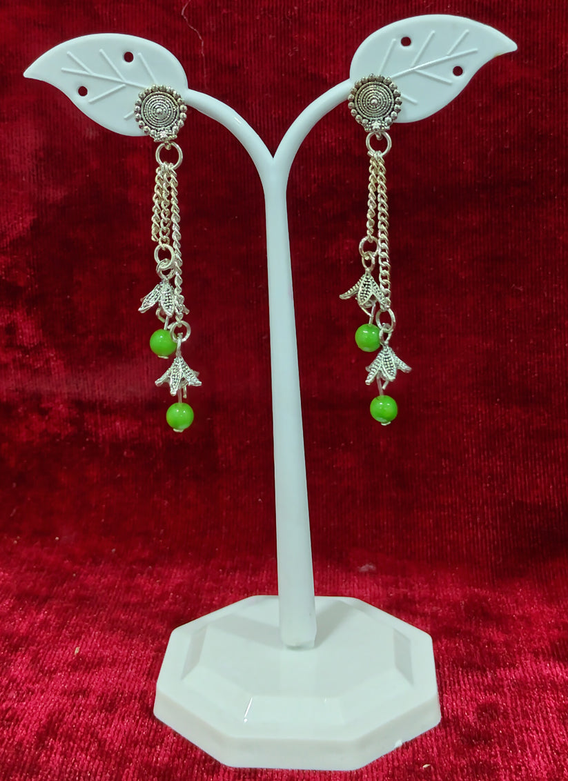 Green Oxidised Pearl Long Earrings