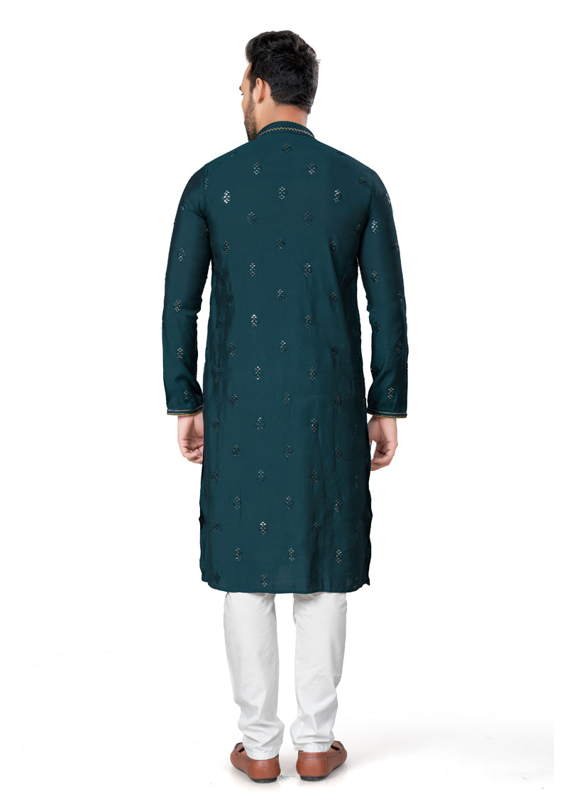 Teal Green Cotton Silk Kurta Pyjama Set