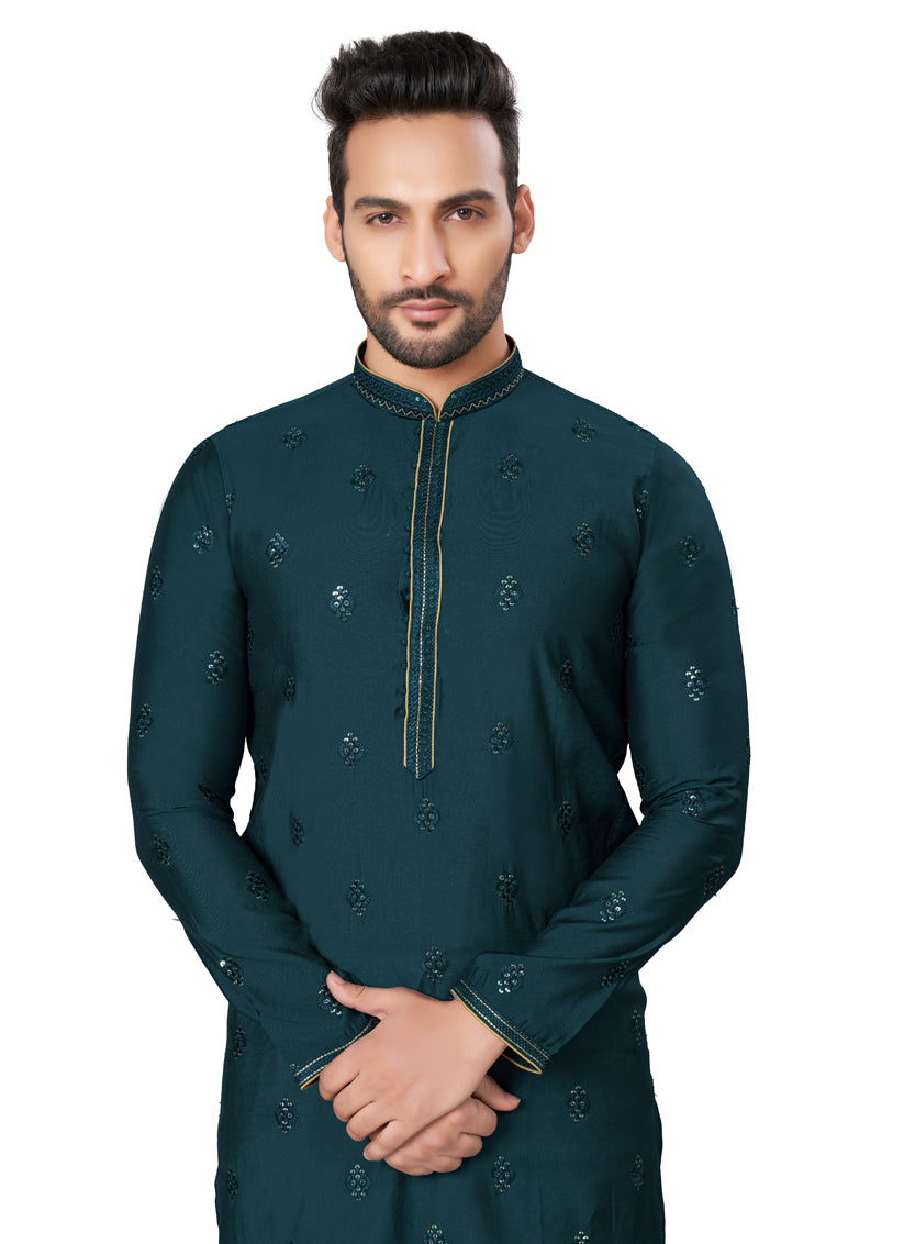 Teal Green Cotton Silk Kurta Pyjama Set