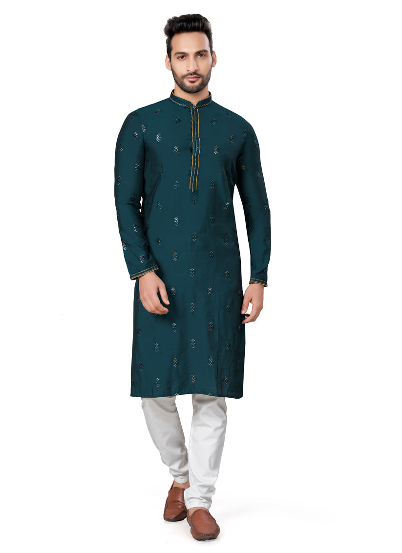 Teal Green Cotton Silk Kurta Pyjama Set