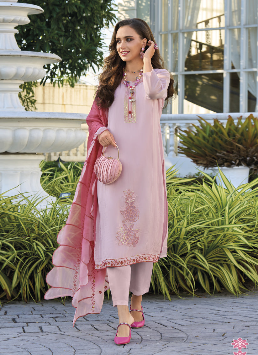 Light Pink Soft Organza Readymade Pant Kameez For Festival