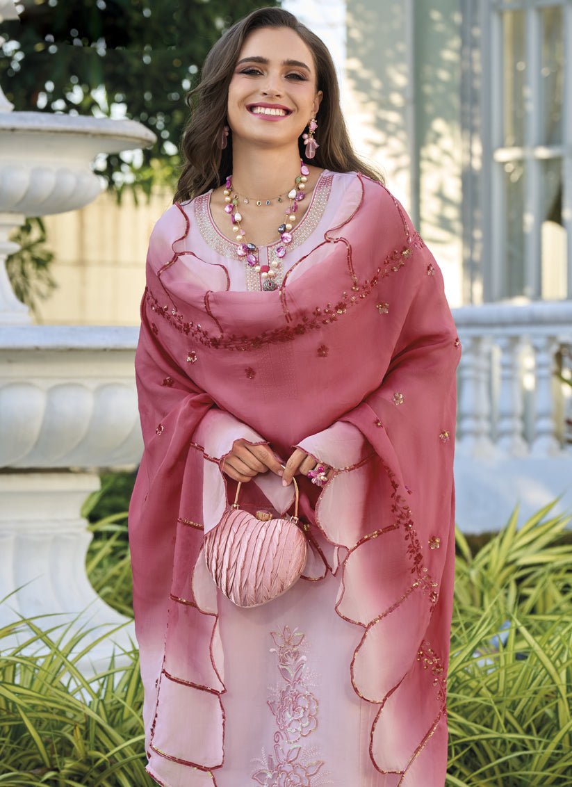 Light Pink Soft Organza Readymade Pant Kameez For Festival